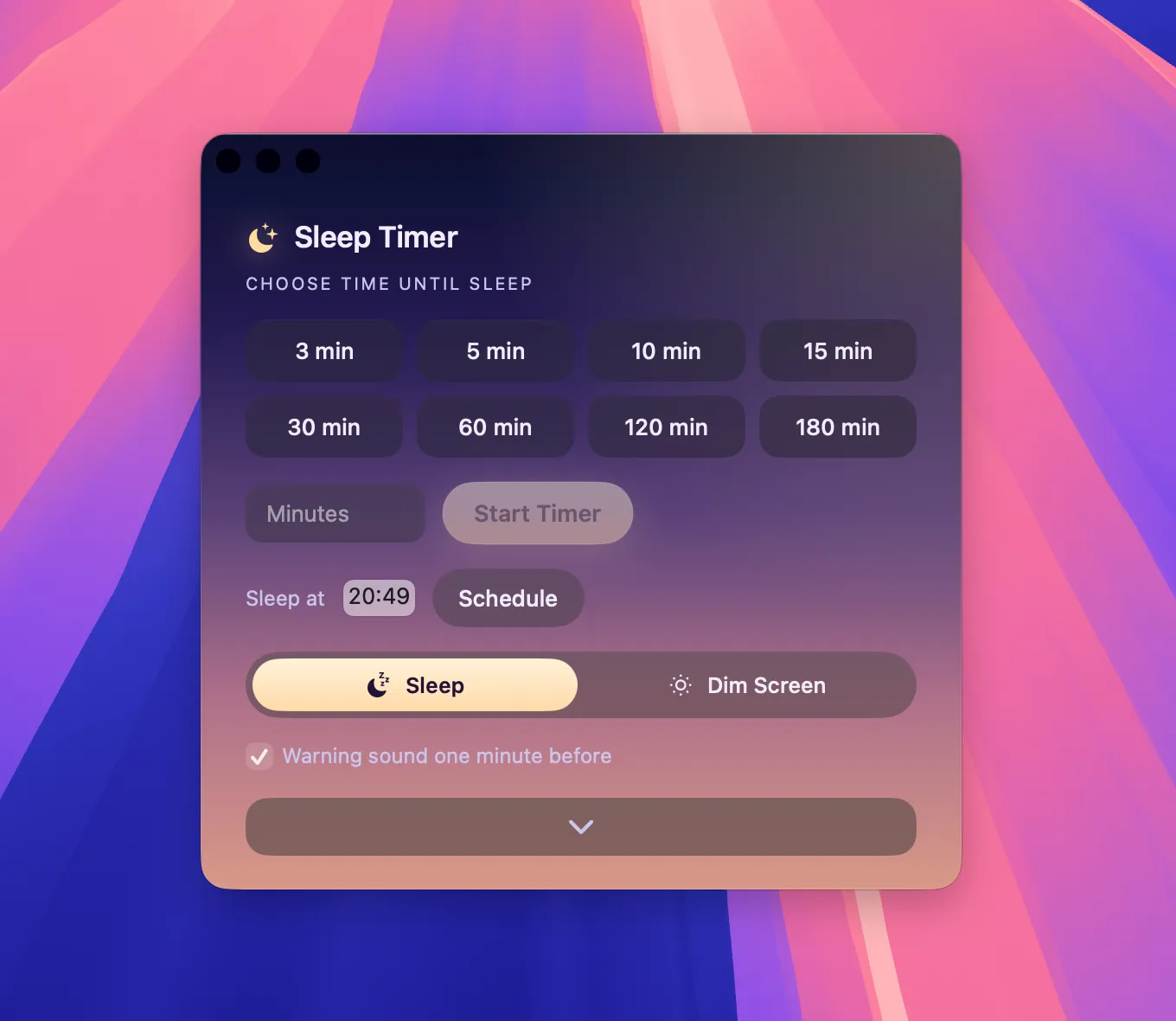 Sleep Timer main window with presets and a dawn Start button